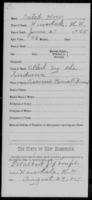 "New Hampshire Death Records, 1654-1947," database, FamilySearch (familysearch.org : accessed 20 Feb 2012), entry for Caleb How, died 27 Jun 1755; citing Death Records, FHL film 1,001,086; New Hampshire Bureau of Vital Records and Health Statistics, Concord, New Hampshire.
