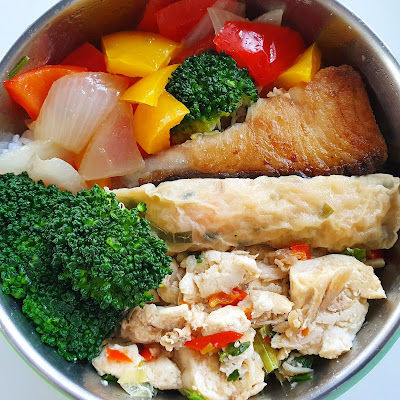 今日午餐：花椰菜、水果椒、蝦捲、𩵚魠魚、蟹粉豆腐，2021.01.15
