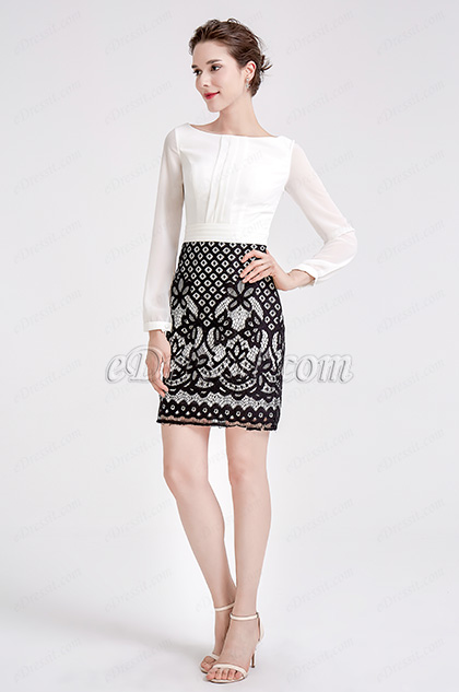 White & Black Chiffon Lace Blouse Suit Dress