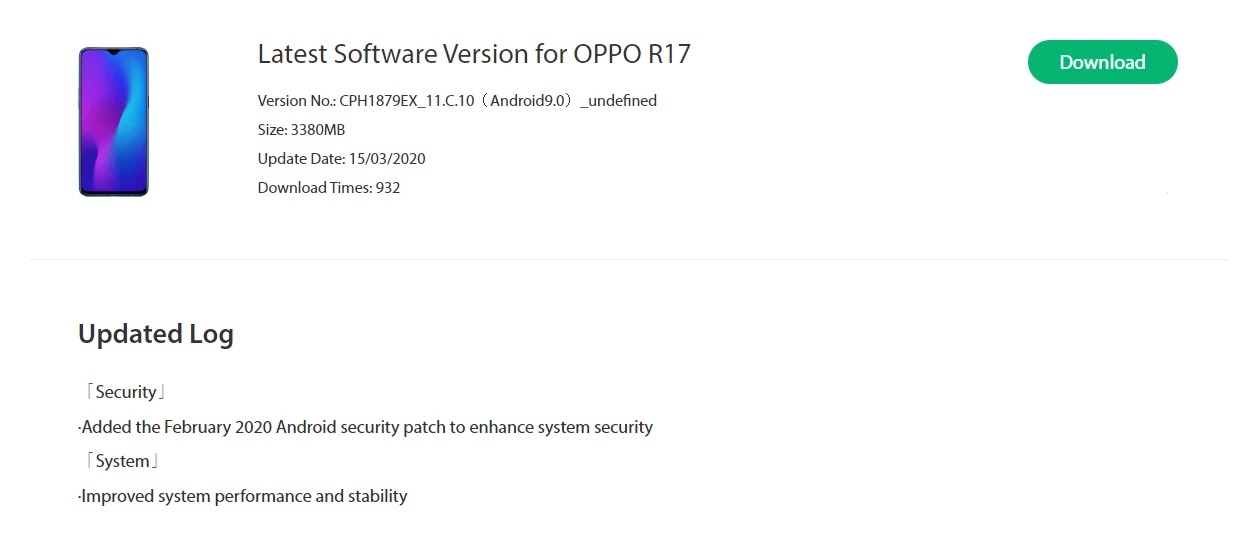 Oppo R17 February 2020 Security Patch Update Rolling Out [CPH1879EX_11.C.10] - Realme Updates