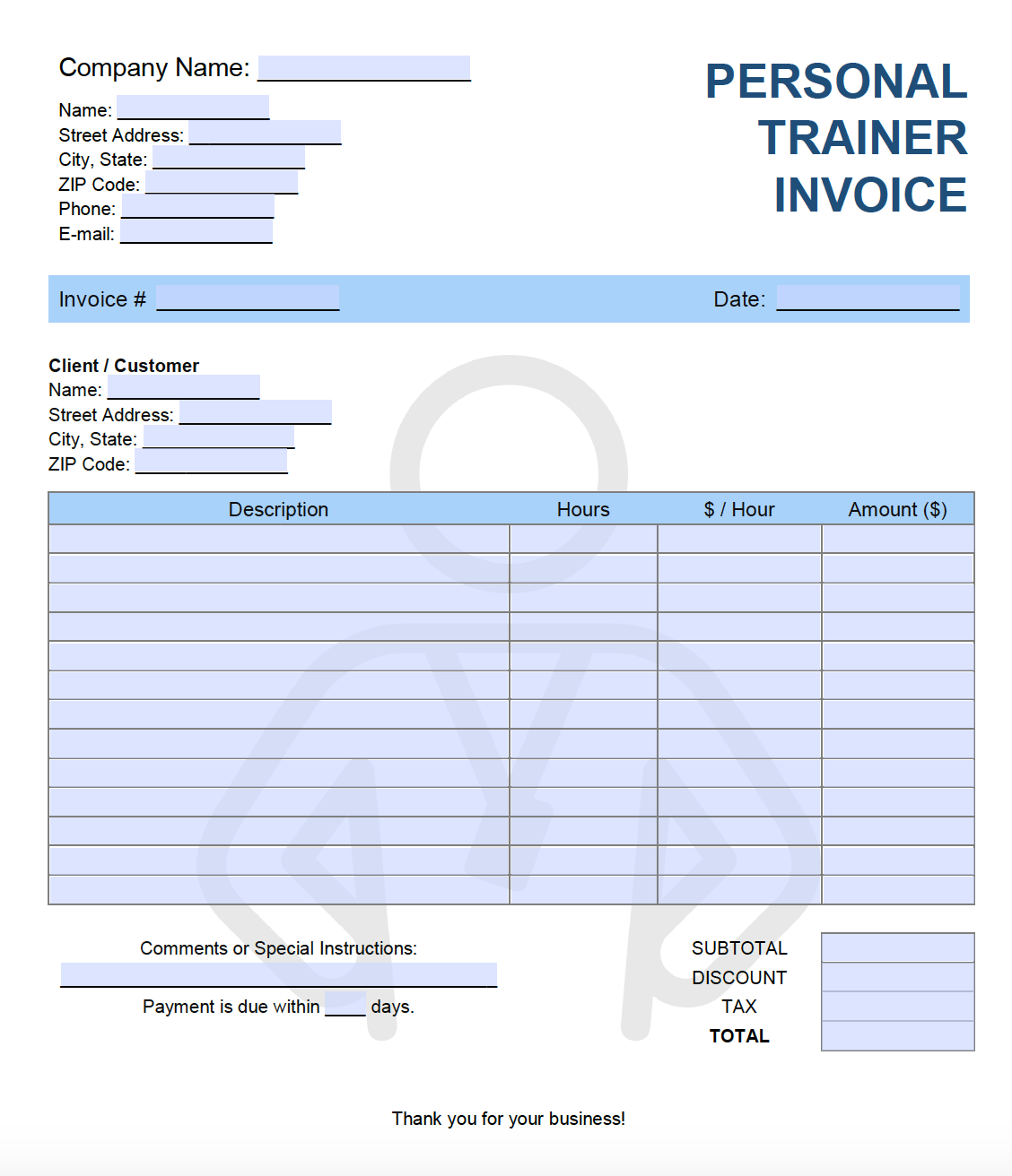 Personal Trainer Invoice Template