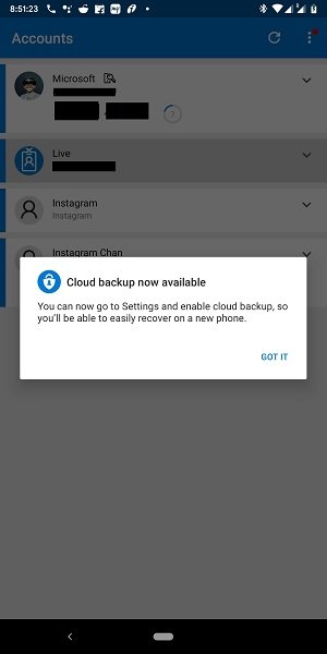 Cloud Backup pour l'application Microsoft Authenticator