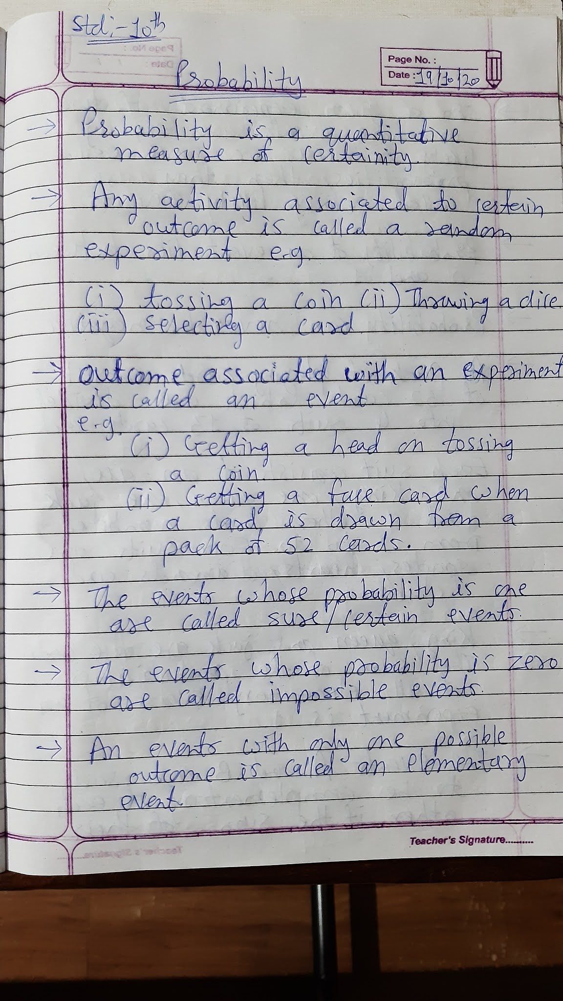 Math Grade 10th Probability 19/10/20 Class work