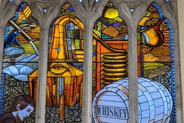 Dublin History: Pearse Lyons Distillery whiskey themed stained glass