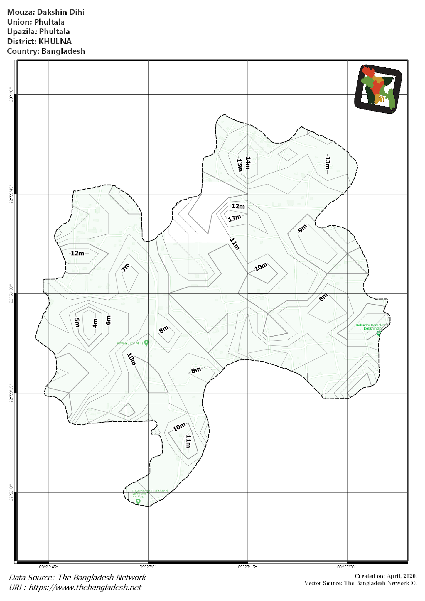 Map of Dakshin Dihi Mouza of Phultala Upazila, KHULNA, Bangladesh.
