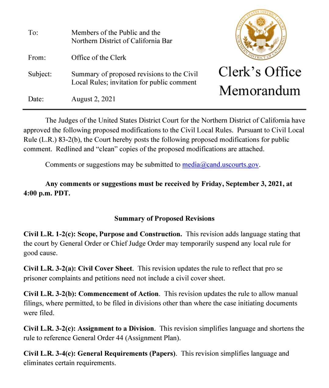 John Chiv U.S. District Court approves modifications to civil local rules