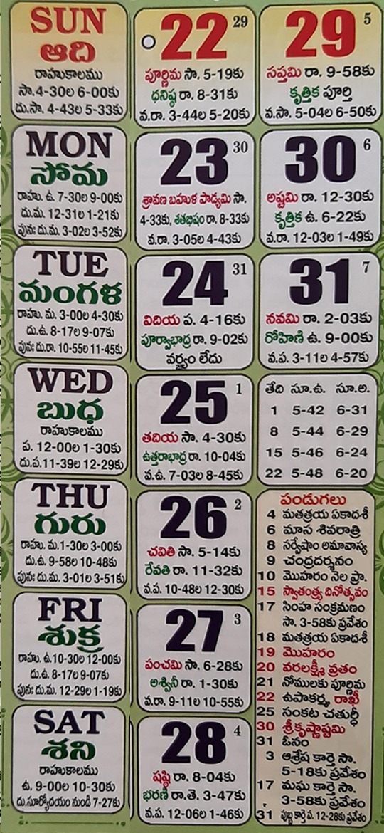 2021 August Telugu Calendar Telugu Panchangam Tidhi Rahukalam Festivals