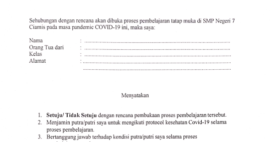 Contoh Surat Ijin Orang Tua Pada Pembelajaran Tatap Muka Di Masa
