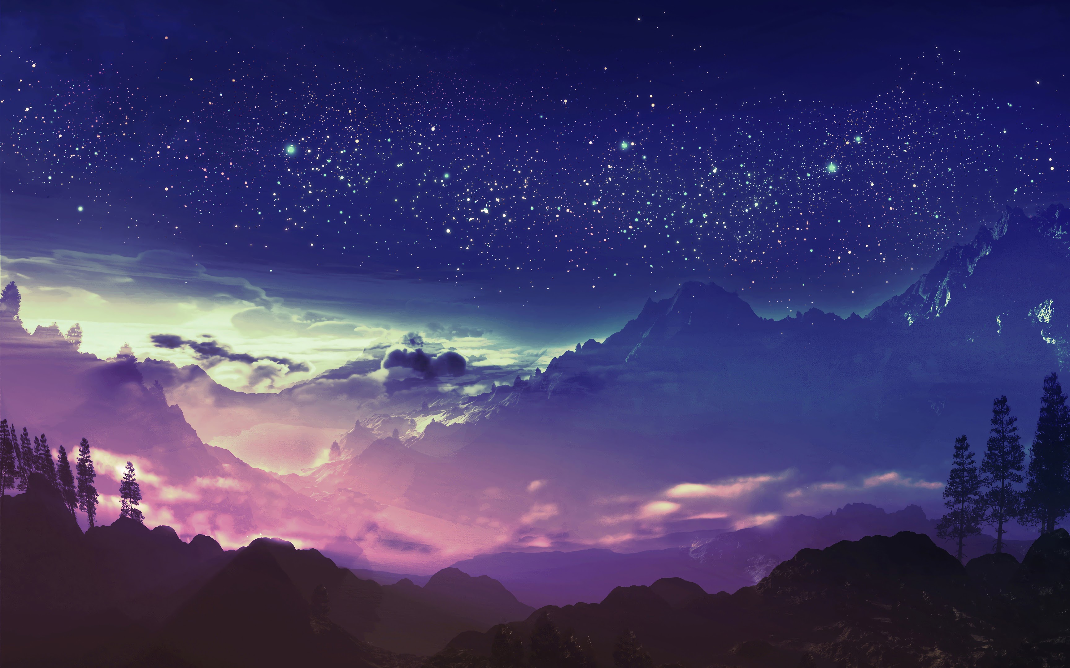 Mountain, Night, Scenery, Stars, Landscape, Anime, 4K, #84 Wallpaper PC ...