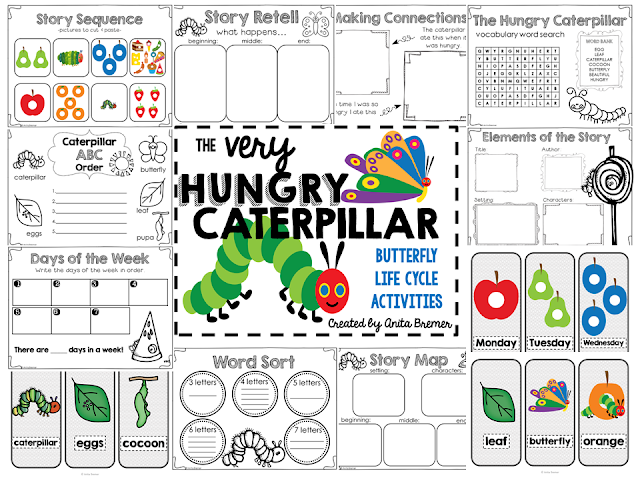 The Very Hungry Caterpillar book study activities unit and butterfly life cycle companion activities for Kindergarten and First Grade