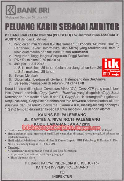 Lowongan Kerja Auditor - BANK BRI  Palembang  Info 