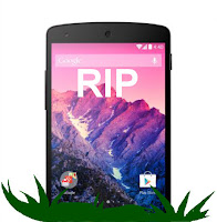 RIP Nexus Nexus 5, dargestellt als Grabstein mit "RIP" am Display