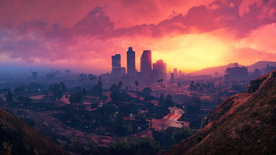 Grand Theft Auto V, City, Sunset, Scenery, 4K, #6.943