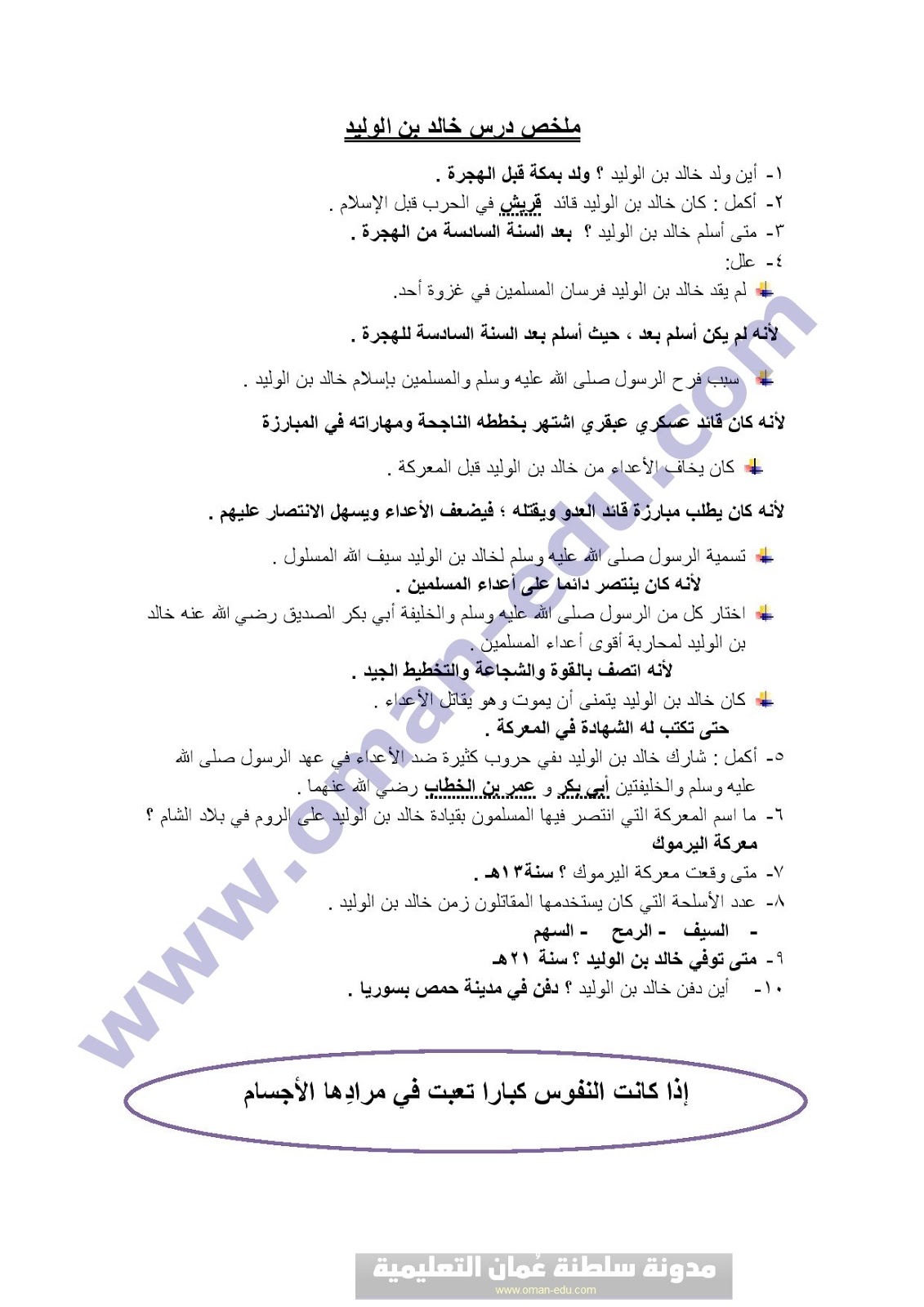 ملخص درس خالد بن الوليد دراسات للصف الثالث ف 2