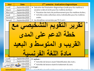 تقرير التقويم التشخيصي مع خطة الدعم على المدى القريب و المتوسط و البعيد مادة اللغة الفرنسية 2020