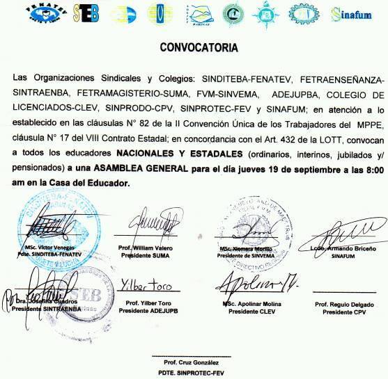 CONVOCATORIA PARA IMPORTANTE ASAMBLEA EL DIA JUEVES 19 DE SEPTIEMBRE DE 2019 EN LA CASA DEL EDUCADOR BARINAS CONVOCATORIA PARA IMPORTANTE ASAMBLEA EL DIA JUEVES 19 DE SEPTIEMBRE DE 2019 EN LA CASA DEL EDUCADOR BARINAS