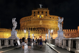 Castel Sant'Angelo on the banks of the Tiber, illuminated at night