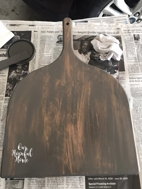 wiped Briarsmoke wood stain pizza peel cutting board