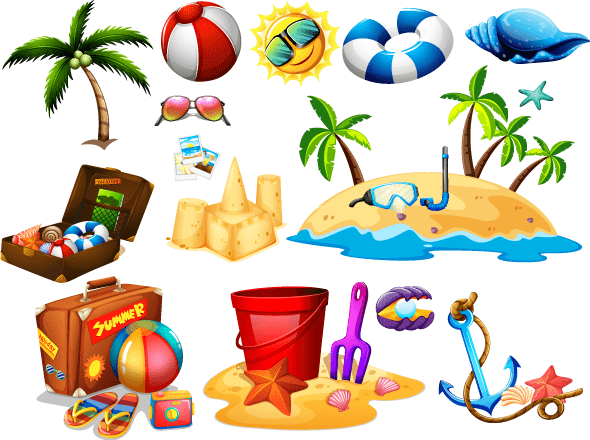 cosas para la playa, palmeras, castillo de arena, balones de playa, flotadores, etc.
