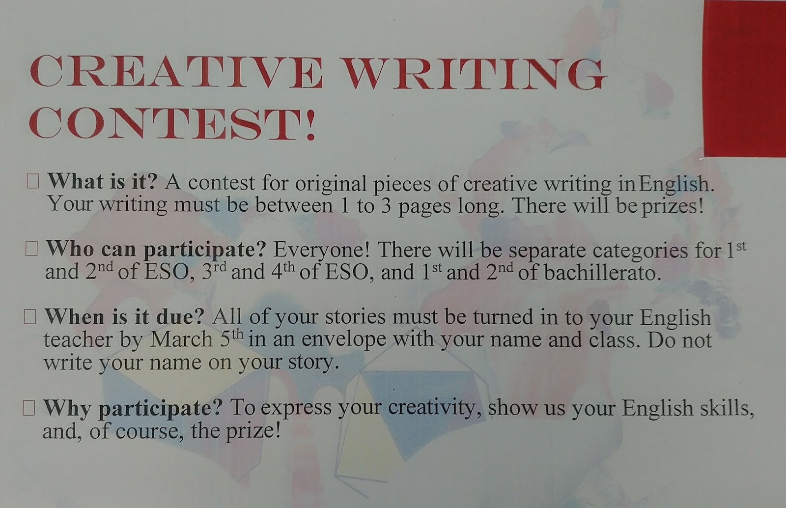 ADVANCED ENGLISH 1 CREATIVE WRITING CONTEST