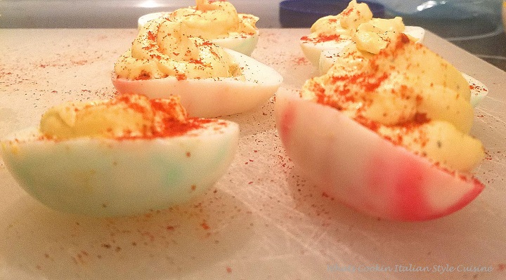 these are dyed eggs for Easter made into deviled eggs