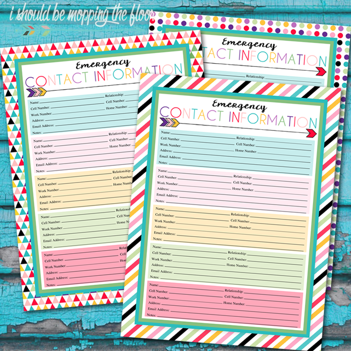 Free Printable Emergency Contact Sheet | A series of over 30 free organizational printables from ishouldbemoppingthefloor.com | Three Designs & Instant Downloads