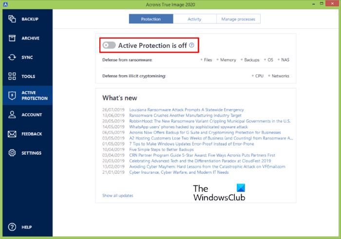disable active protection acronis