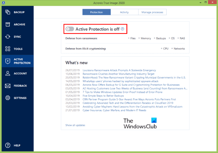 deshabilitar protección activa acronis