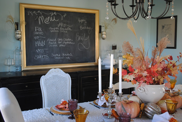 Fall Tablescape, peach colored pumpkin centerpiece, Thanksgiving table decoration ideas