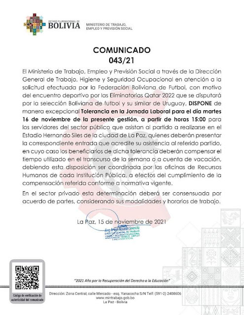 Comunicado Ministerio de trabajo Bolivia vs Uruguay