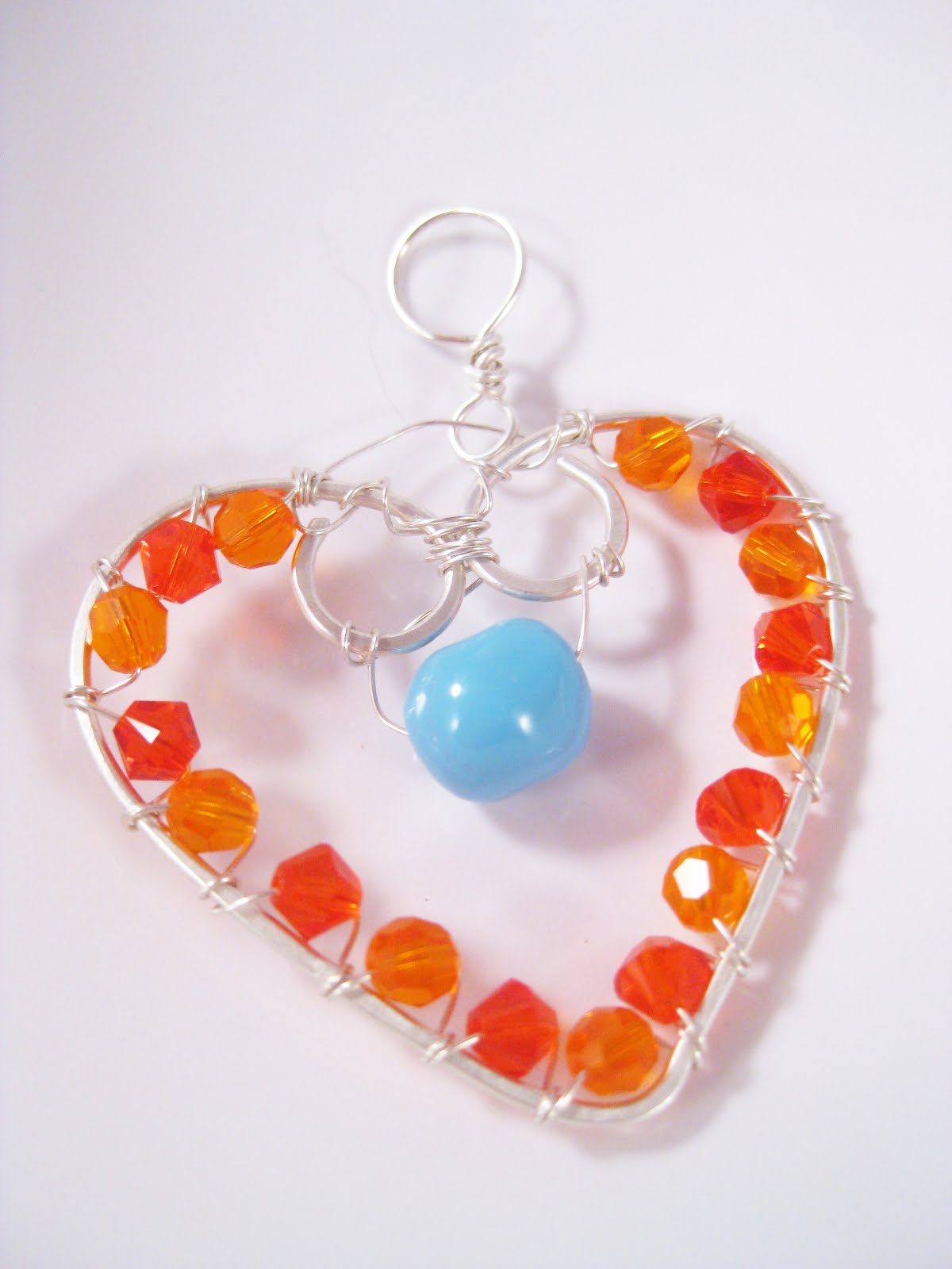Fire Opal Crystal Silver Wire Wrapped Heart Pendant