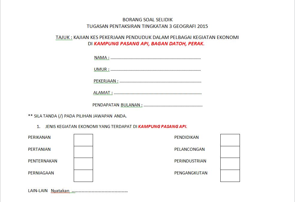 Borang Soal Selidik Geografi Pencemaran Air