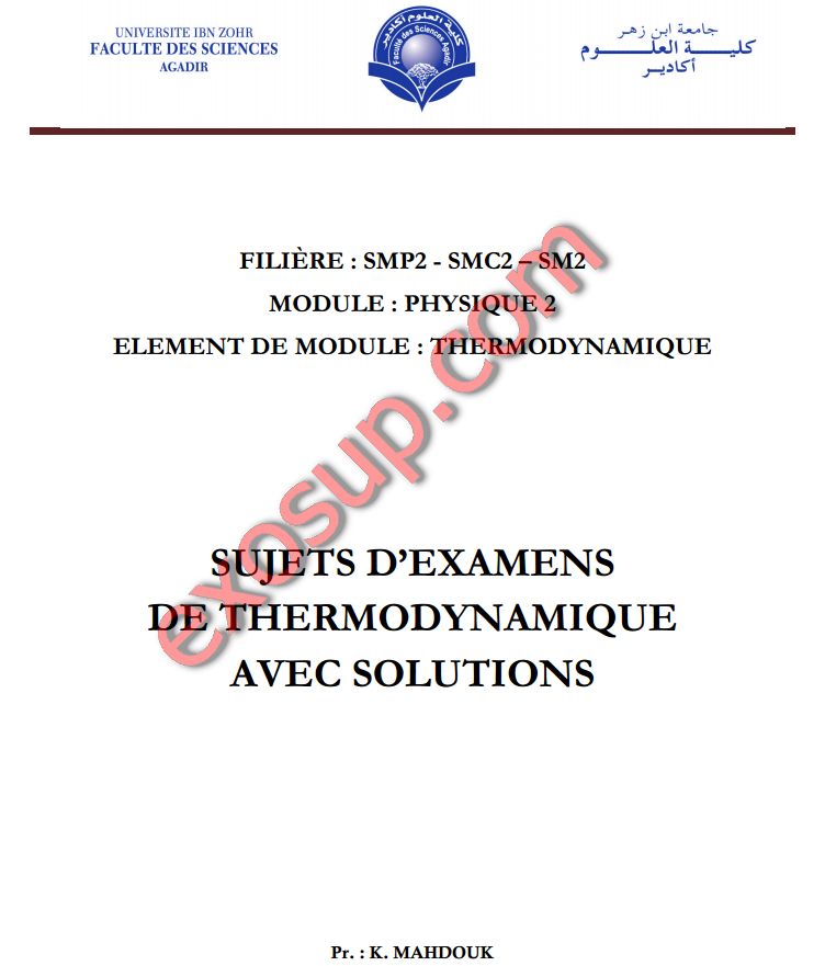 sujets d'examens de Thermodynamique 1 avec solutions smpc fsa