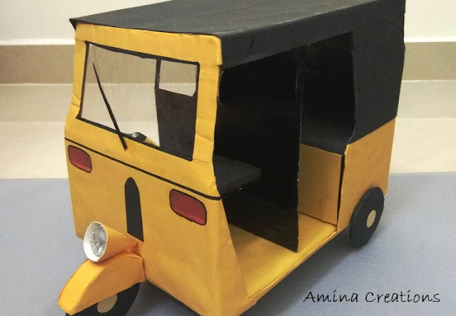 AMINA CREATIONS: DIY CARDBOARD AUTO RICKSHAW/ SCHOOL PROJECT