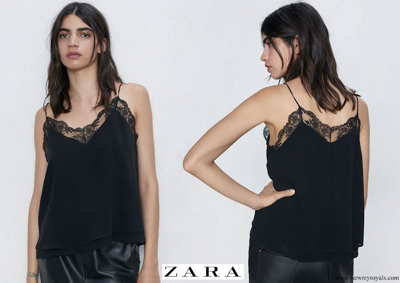 Queen Letizia wore a new black lace trim camisole tank top from Zara