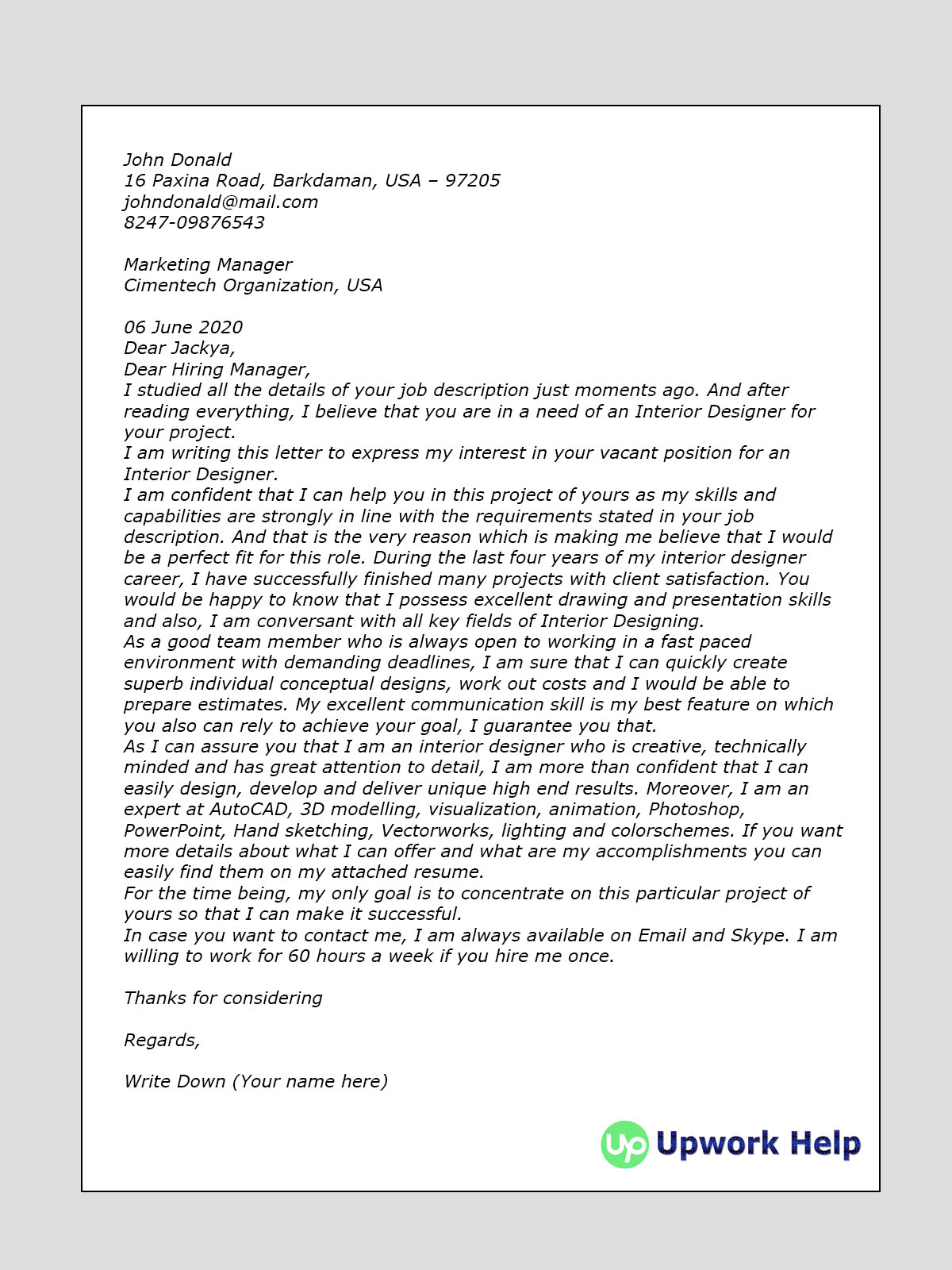examples of cover letter for interior designer