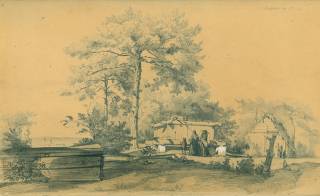 Barque à résine près du Bassin d'Arcachon, forêt usagère, dessin au crayon de Leo Drouyn
