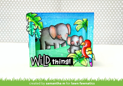 Wild Thing Shadow Box Card by Samantha Mann for Lawn Fawnatics Challenge, Lawn Fawn, Shadowbox Card, cards, distress ink, ink blending, jungle #lawnfawn #jungle #inkblending #distressinks #shadowbox