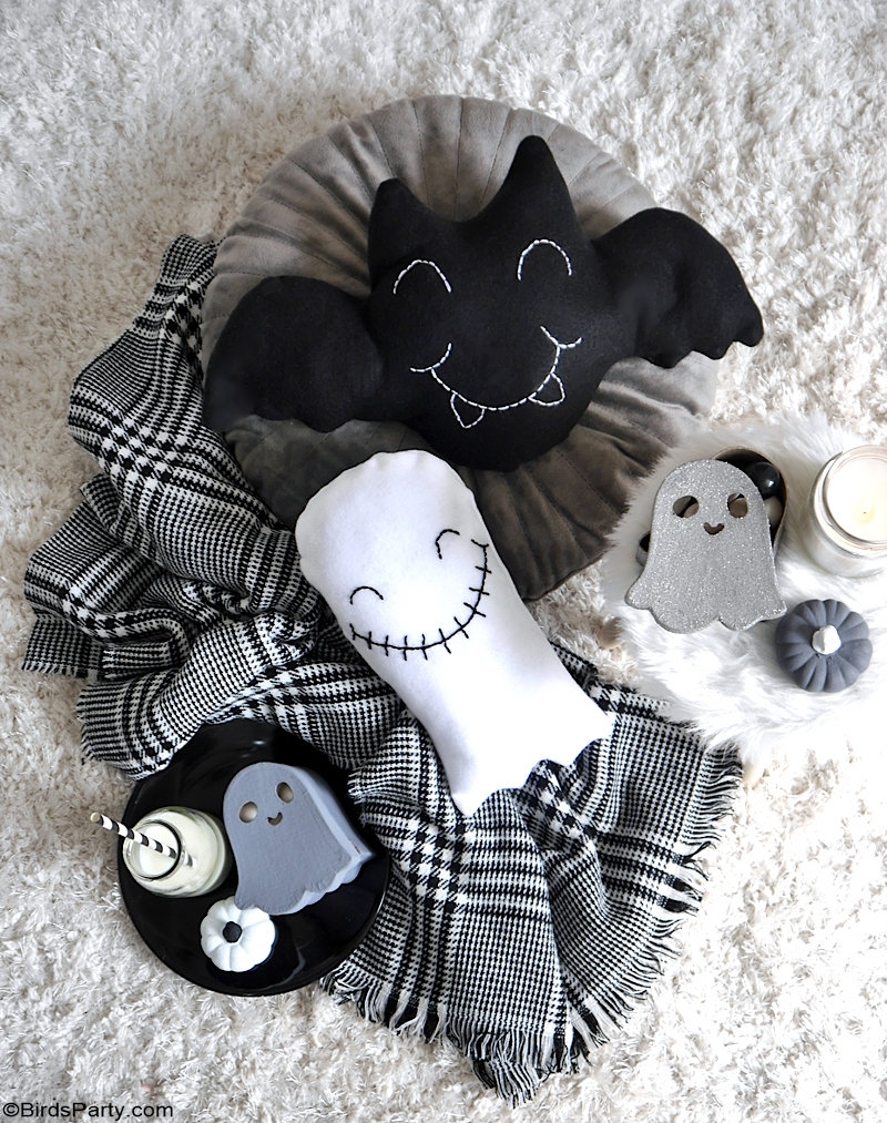 Cute DIY Halloween Throw Pillows - easy Halloween accent pillows to make and decorate your home! It's also a great craft activity to make with kids! by BirdsParty.com @birdsparty #diy #halloween #halloweendecor #halloweencushion #halloweenpillow #cutehalloween #cozyhalloween #halloweencrafts