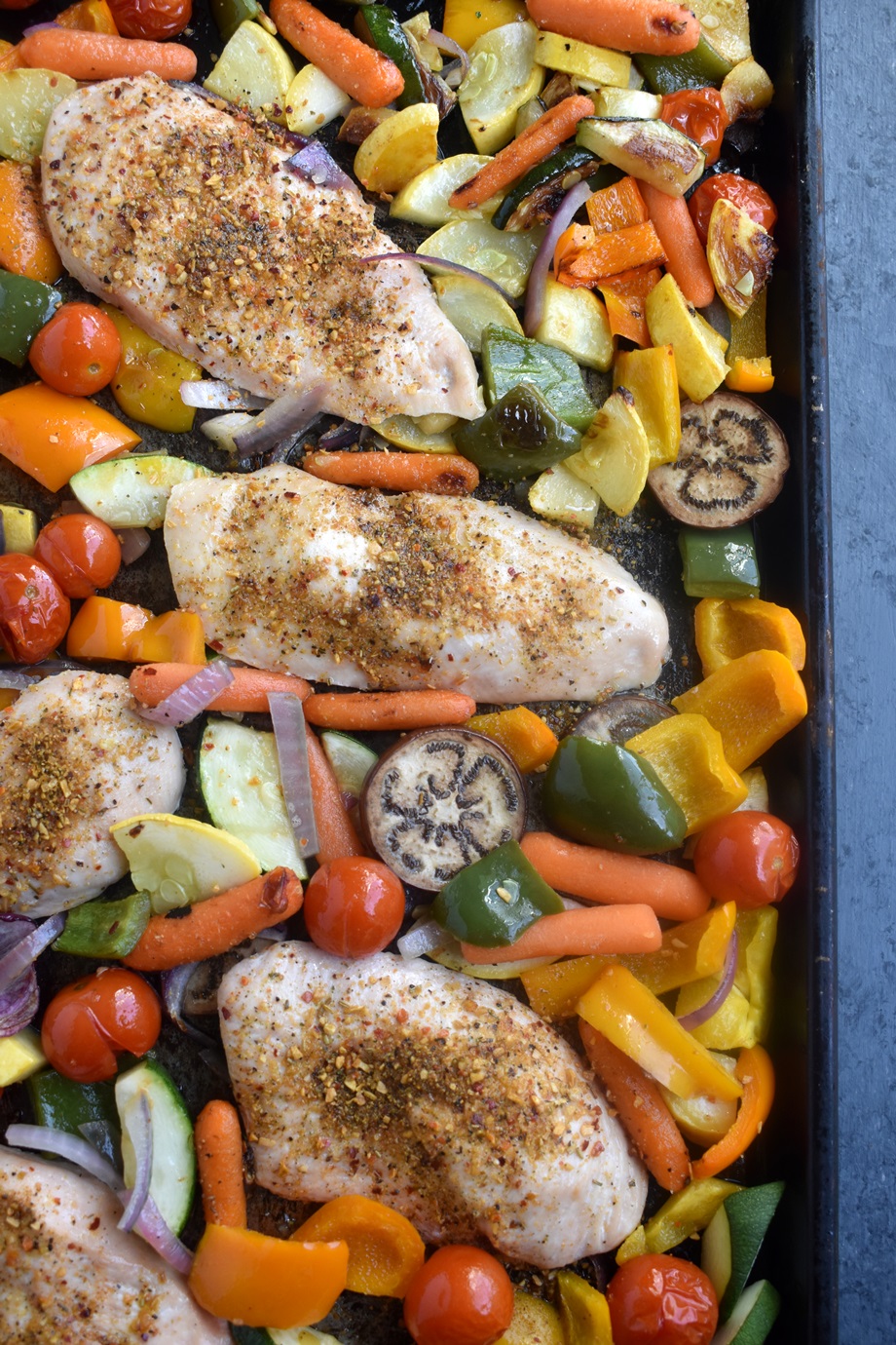 Sheet Pan Chicken with Rainbow Vegetables, Lemon and Parmesan