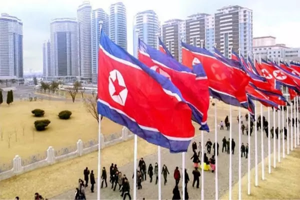 DPRK flages in downtown Pyongyang City