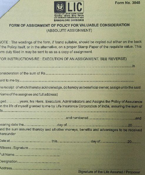 LIC forms download - form of Assignment of Policy for valuable consideration - Form 3848 - Form of Notice of Assignment to the Corporation - Form 3837A - Assignment Questionnaire - Form 5289 1