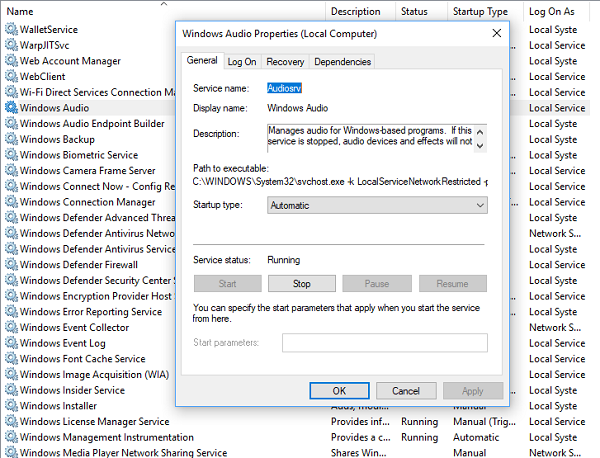 Restartujte zvukové služby v systému Windows 10