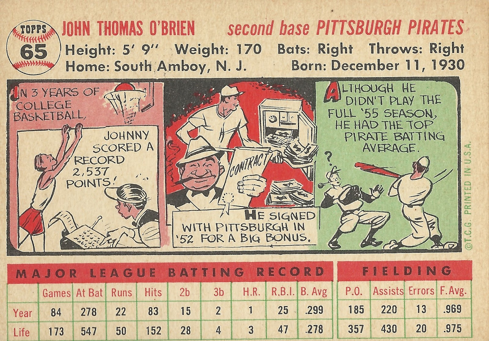 1956 Topps 65 Johnny O'Brien Pittsburgh Pirates