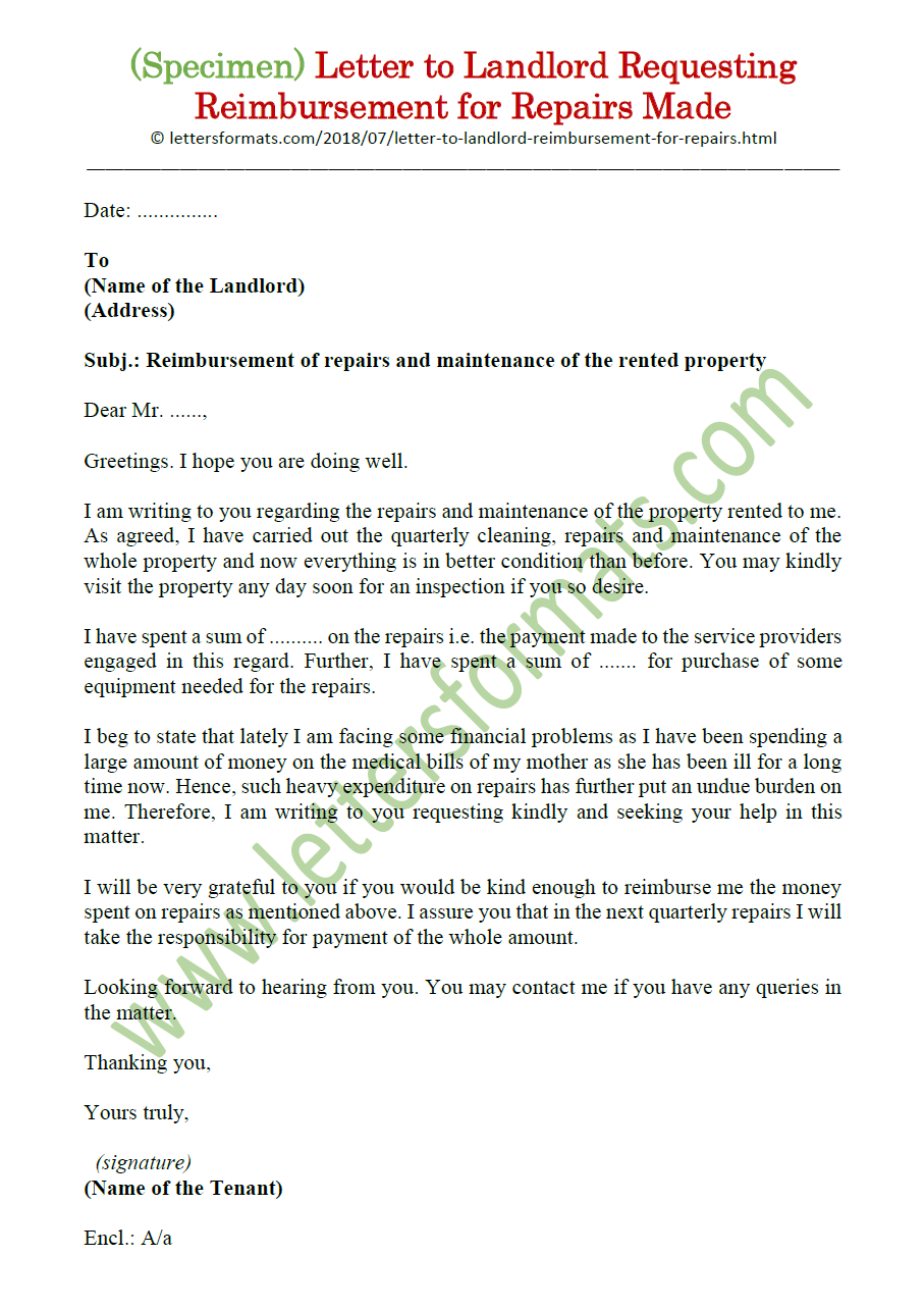 sample repair letter to landlord