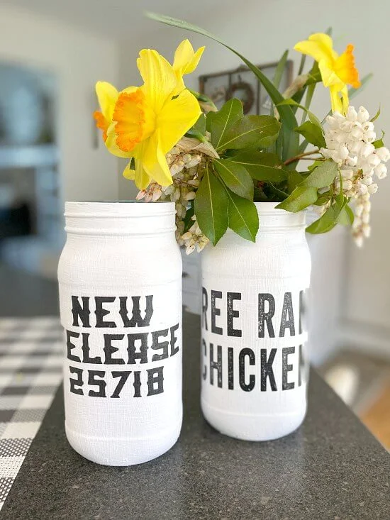 Painted Recycled Mason Jar vases with a Farmhouse Transfer