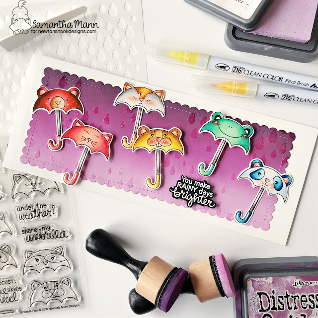 Slimline Umbrella Card by Samantha Mann | Umbrella Pals Stamp Set, Raindrops Stencil, and Slimline Frames & Portholes Die Set by Newton's Nook Designs #newtonsnook