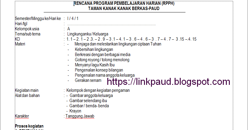 Contoh Rpph Paud Tema Keluargaku