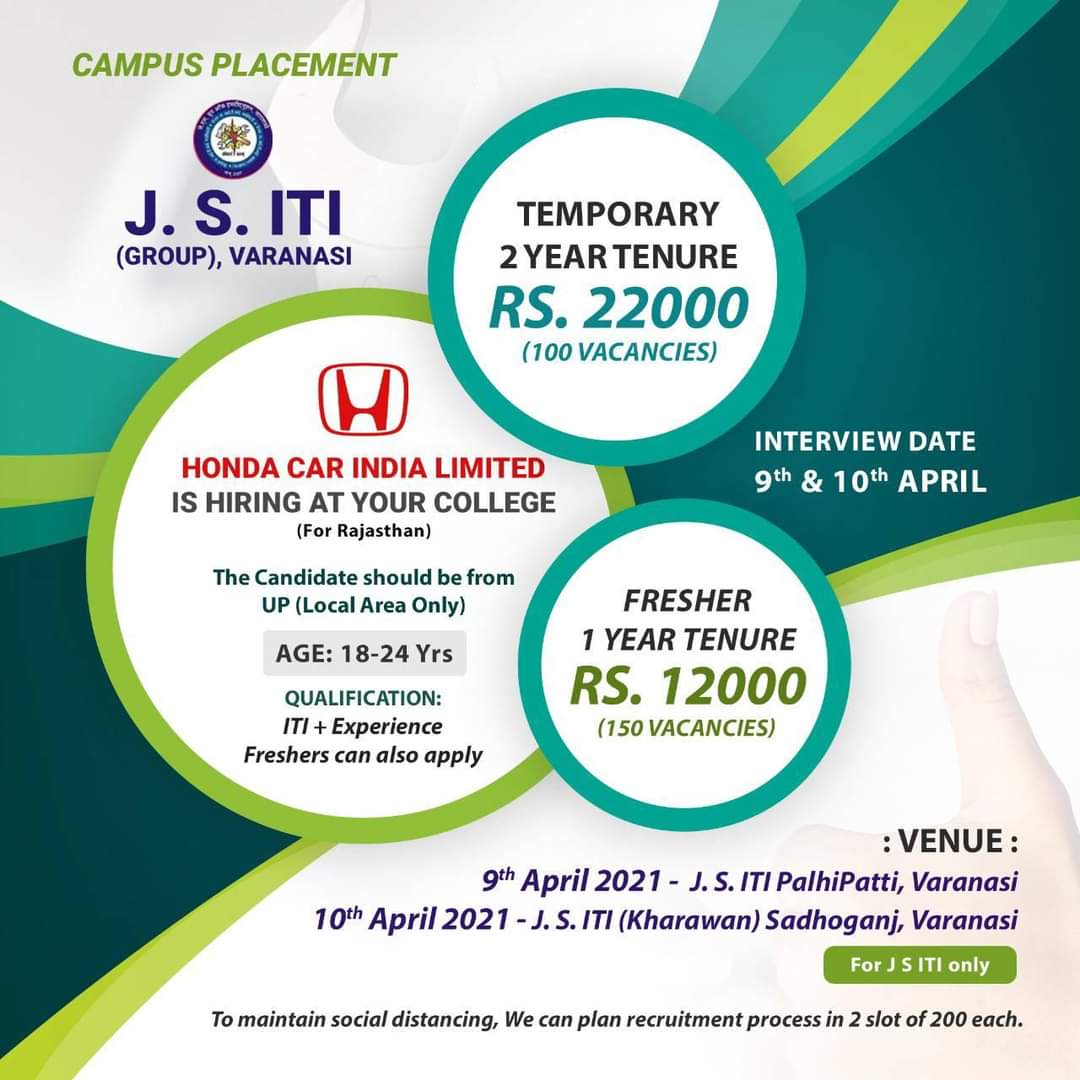J.S iti groups Varanasi campus placement 2021 for company Honda car