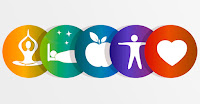 5 circles with images of wellness: yoga, sleep, apple, exercise, heart